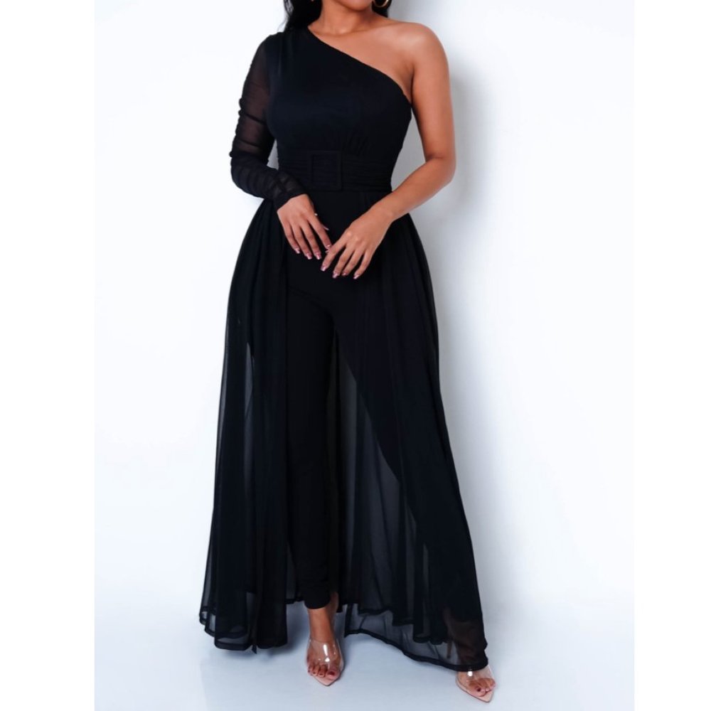 One Shoulder Jumpsuit With Sheer Train